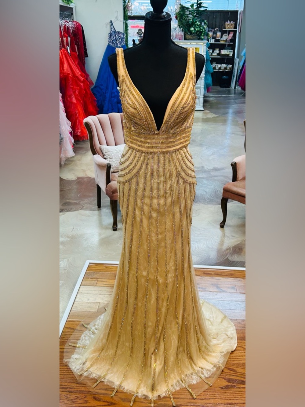 LARA Gold Beaded Deep V Evening Gown